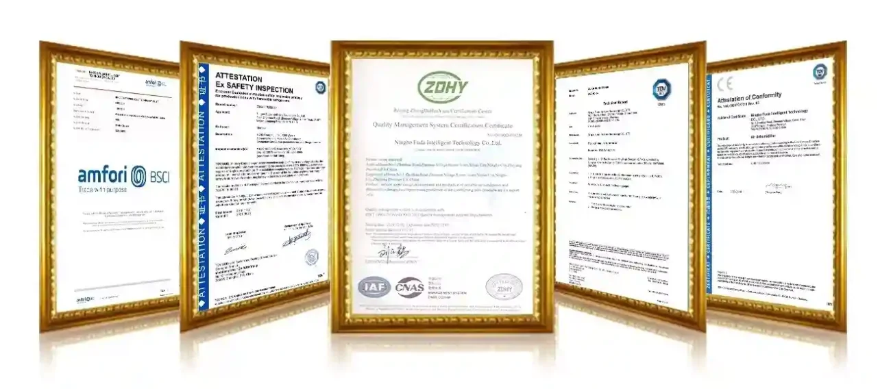 Complete international certification documents for FUDA dehumidifiers: CE, CB, EMC, GS, RoHS, BSCI factory audit, ISO9001 quality management system certificate, meet global market access standards